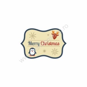 Eticheta „Merry Christmas” cu pinguin si ren
