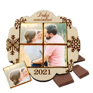 Ramă „Dulci amintiri” cu 4 ciocolățele și o fotografie tip puzzle - personalizabilă