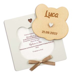 Invitație din lemn gravat pentru botez „Broscuță” (buc)